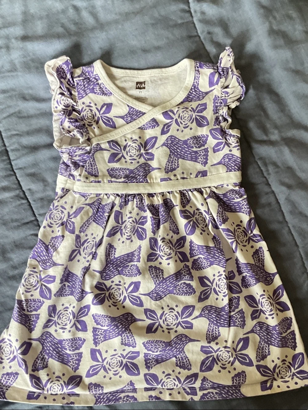 Tea Collection Cream Dress with Purple Bird & Floral Print